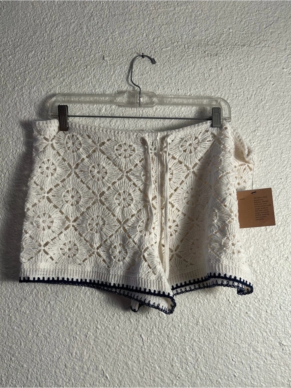 Shade & Shore Cream Crochet Swim Coverup Shorts with Navy Trim